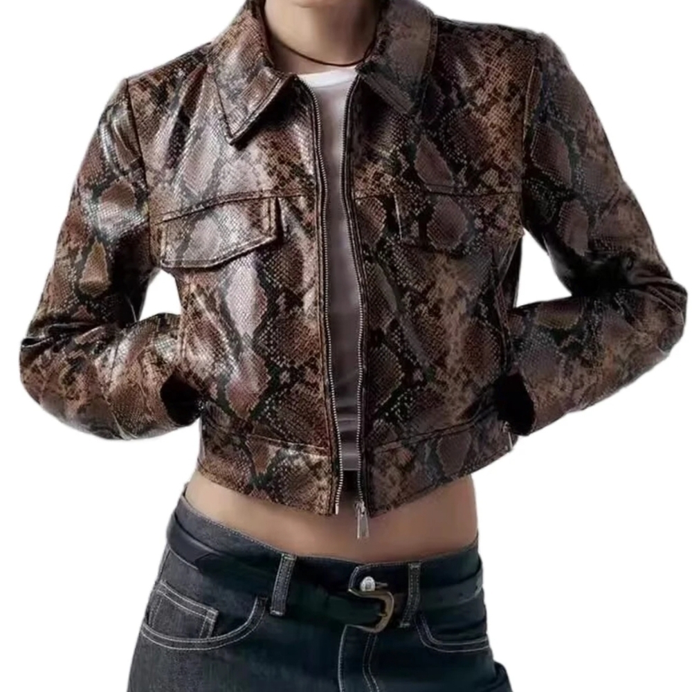 Fashion Snake Printed Short Jacket Women Lapel Zipper Long Sleeve - Picture 1 of 15